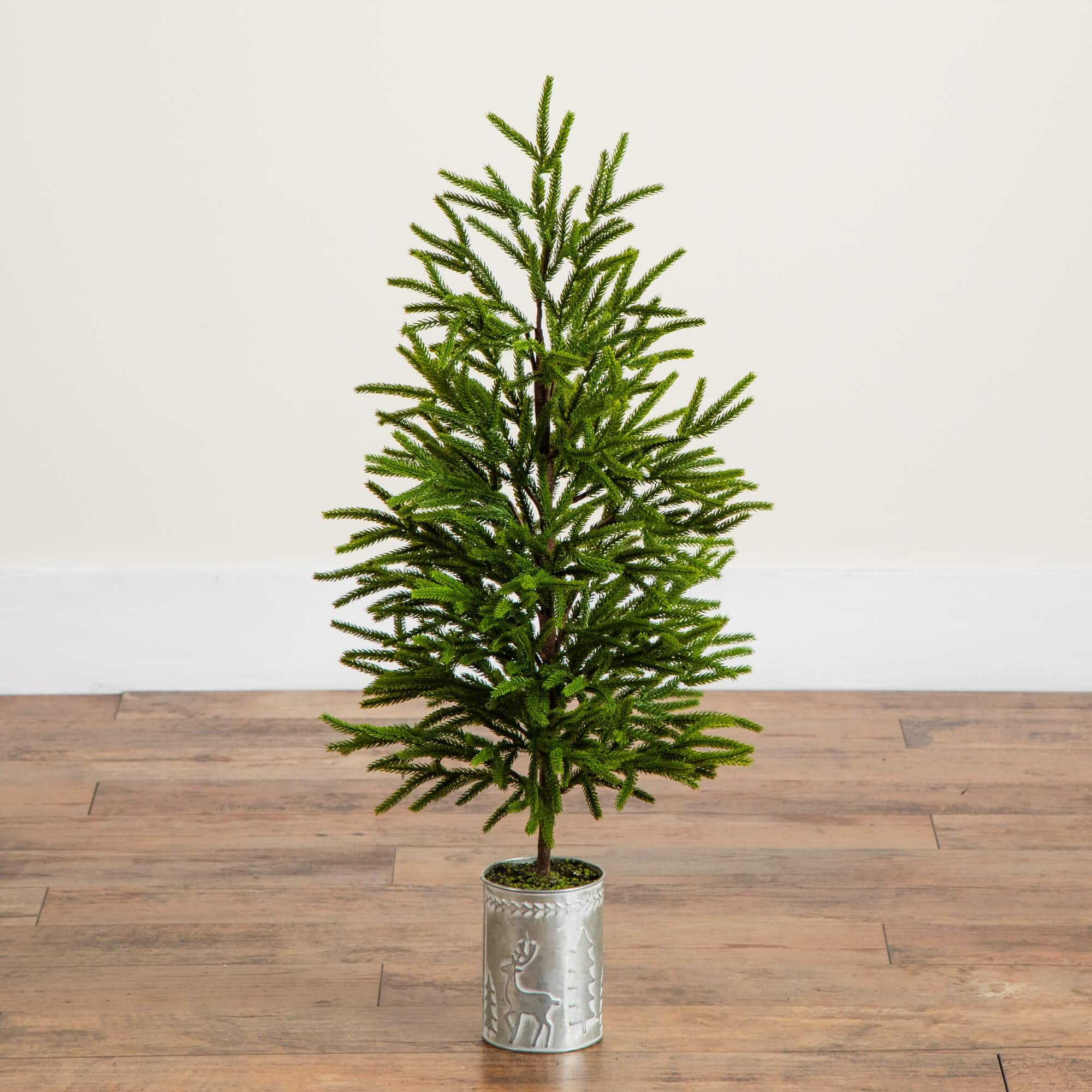 32in. Artificial Real Touch Norfolk Island Pine in Christmas Tin Metal Planter with Natural Look